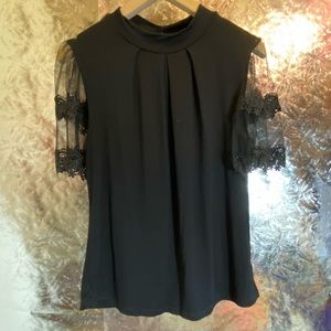 Black Cotton Blouse w/ Lacy mesh sleeves - Medium